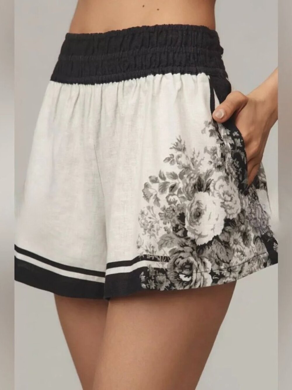 Anthropologie The Somerset Shorts Linen Cotton Pull On Floral Black White Small